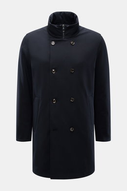 Montecore Down short coat dark navy shown from the front with high-closing collar, double-breasted four-button style, slim fit, and hip zipper pockets. This exclusive short coat from MONTECORE with removable double front and warming down filling stylishly