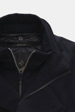 Montecore Down short coat dark navy close-up from above showing high-closing collar with zipper, smooth microfiber, and logo button.
