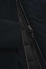 Close-up front view of the Montecore Down short coat dark navy showing zippers, smooth high-quality microfiber, and quilted lining with warming down filling.