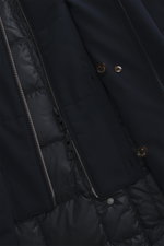 Close-up front view of Montecore Down short coat dark navy showing double-breasted buttons, removable double front, zippers, and quilted microfiber lining.

Description: <p>This exclusive short coat from MONTECORE with removable double front and warming d