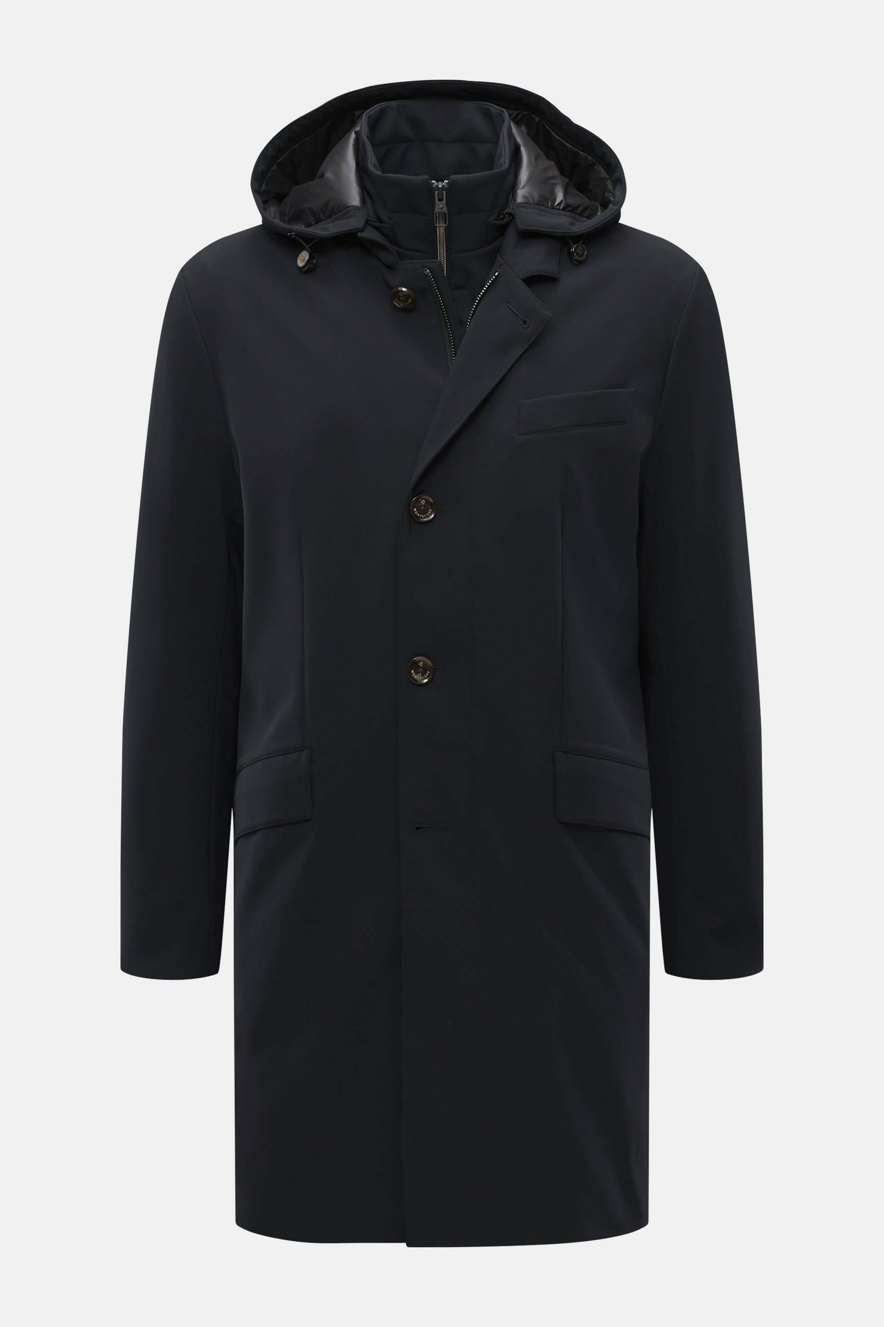 Front view of Montecore Down Short Coat navy, a noble winter essential made of high-quality microfiber with soft touch, light down filling, removable double front, detachable hood with drawstring, durable two-way zipper, wind flap with buttons, slanted we