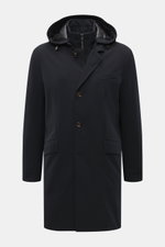Front view of Montecore Down Short Coat navy, a noble winter essential made of high-quality microfiber with soft touch, light down filling, removable double front, detachable hood with drawstring, durable two-way zipper, wind flap with buttons, slanted we