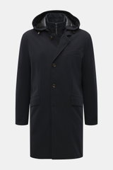 Front view of Montecore Down Short Coat navy, a noble winter essential made of high-quality microfiber with soft touch, light down filling, removable double front, detachable hood with drawstring, durable two-way zipper, wind flap with buttons, slanted we