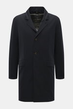 Front view of the Montecore Down Short Coat navy, a noble winter essential with slim fit, high-quality microfiber, light down filling, removable double front, detachable hood with drawstring, slanted welt pockets, classic chest pocket, durable two-way zip