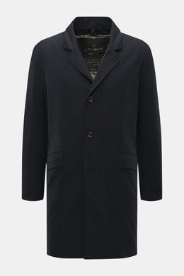 Front view of the Montecore Down Short Coat navy, a noble winter essential with slim fit, high-quality microfiber, light down filling, removable double front, detachable hood with drawstring, slanted welt pockets, classic chest pocket, durable two-way zip