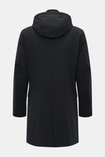 Montecore Down Short Coat navy shown from the back, featuring a detachable hood, high-quality microfiber, slim fit, and a center back vent.