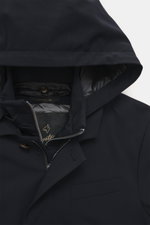 Close-up front view of the Montecore Down Short Coat navy showing the removable hood, zipper, and classic chest pocket details.