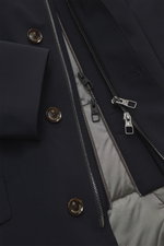 Close-up top-down view of the Montecore Down Short Coat navy showing high-quality microfiber fabric, removable double front with durable two-way zipper, and branded buttons.

Description:  
<p>Noble winter essential: The down short coat by MONTECORE impre