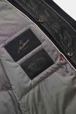 Close-up inside view of Montecore Down Short Coat navy showing high-quality microfiber lining, branded buttons, and stitched labels.