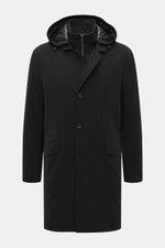 Montecore Daunen-Kurzmantel schwarz, frontal mit Kapuze, Microfaser, Slim Fit, Daunenfüllung, Double-Front, Reißverschluss, Knöpfe, Taschen, winddicht, gesteppter Innenstoff.