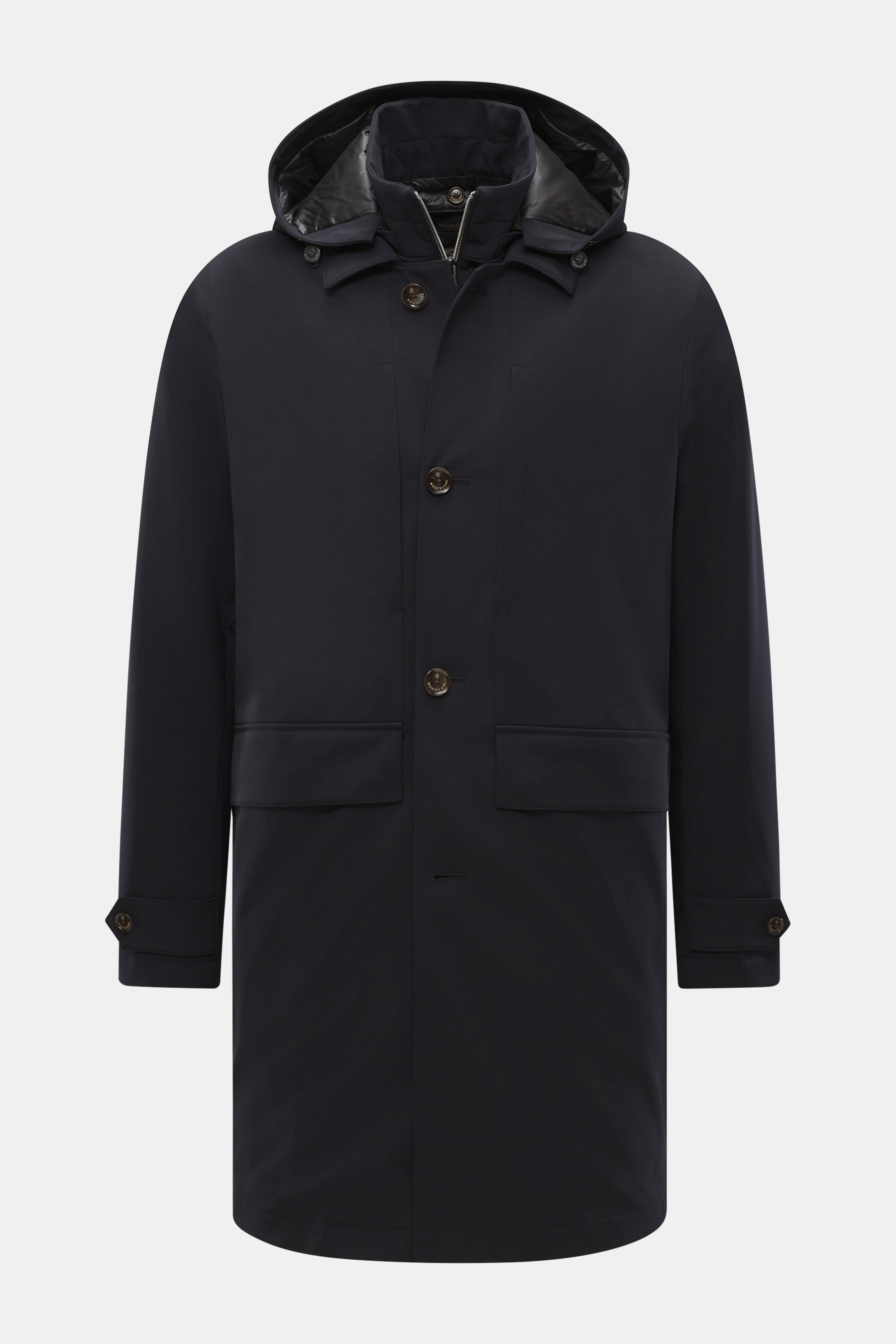 Front view of Montecore Daunen-Kurzmantel navy, a slim fit winter down short coat with detachable hood, double-front, flap pockets, and buttoned cuffs.