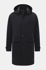 Front view of Montecore Daunen-Kurzmantel navy, a slim fit winter down short coat with detachable hood, double-front, flap pockets, and buttoned cuffs.