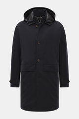 Front view of Montecore Daunen-Kurzmantel navy, a slim fit winter down short coat with detachable hood, double-front, flap pockets, and buttoned cuffs.