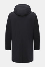 Montecore Daunen-Kurzmantel navy shown from the back, featuring a detachable hood, slim fit, elastic wool, and lightweight down filling. Edles Winter-Essential with removable double-front, robust two-way zipper, slanted welt pockets, chest pocket, back ve