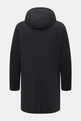 Montecore Daunen-Kurzmantel navy shown from the back, featuring a detachable hood, slim fit, elastic wool, and lightweight down filling. Edles Winter-Essential with removable double-front, robust two-way zipper, slanted welt pockets, chest pocket, back ve