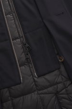 Close-up front view of Montecore Daunen-Kurzmantel navy showing the slim fit, elastic wool fabric, soft touch, two-way zipper, removable double-front, and button details.