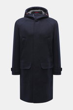 Brunello Cucinelli Wollmantel navy, frontal aus mittlerer Entfernung, aus Schurwolle mit Cashmere, Kapuze, zwei Hüfttaschen, Knopfriegel, Doubleface, Regular Fit.