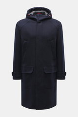 Brunello Cucinelli Wollmantel navy, frontal aus mittlerer Entfernung, aus Schurwolle mit Cashmere, Kapuze, zwei Hüfttaschen, Knopfriegel, Doubleface, Regular Fit.