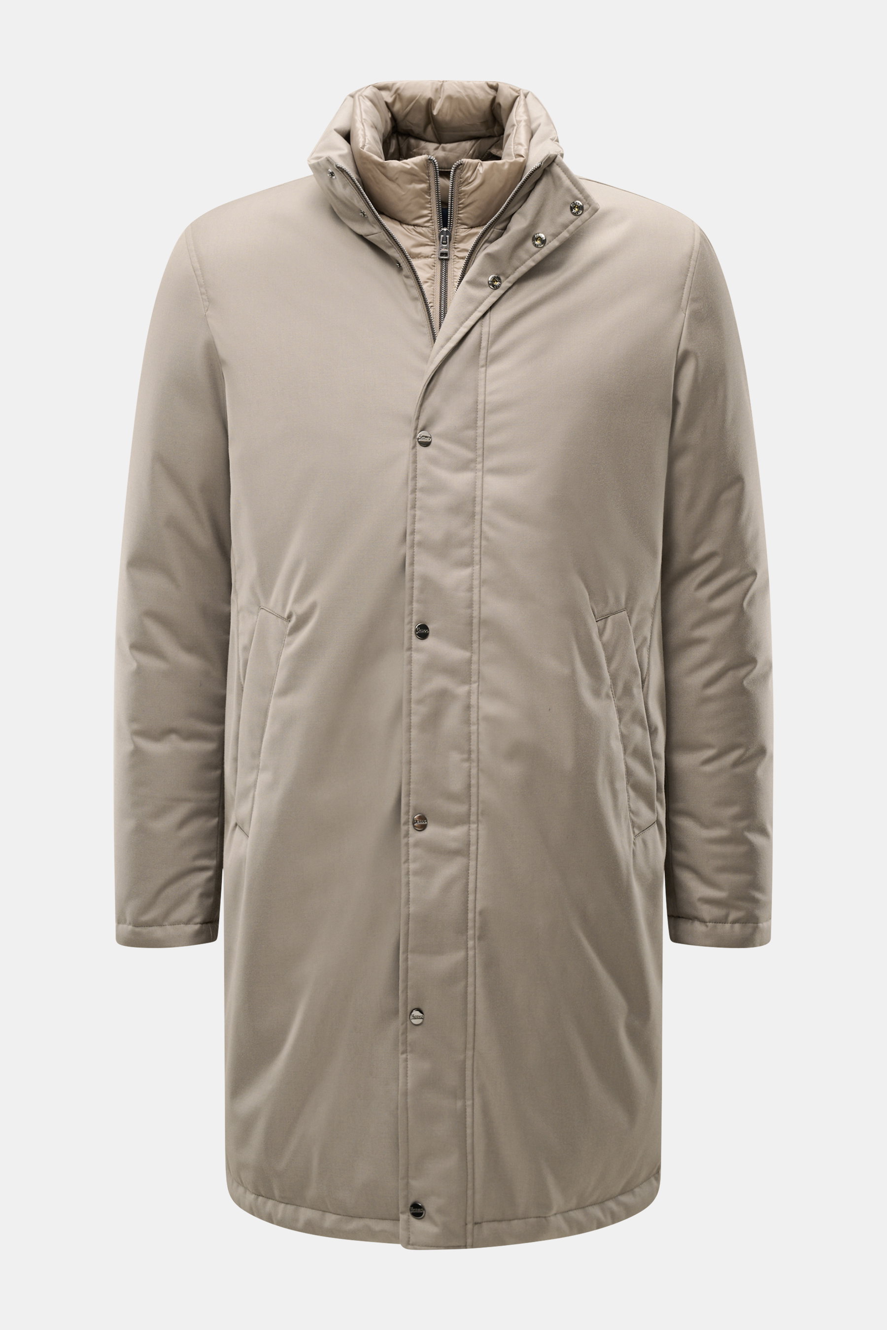Front view of Herno Down coat beige, slim fit with a stand-up collar, two-way zipper, wind flap with snap buttons, slanted welt pockets, and quilted lining fabric; made of a mix of high-quality microfiber and viscose with a soft touch, water-repellent, re