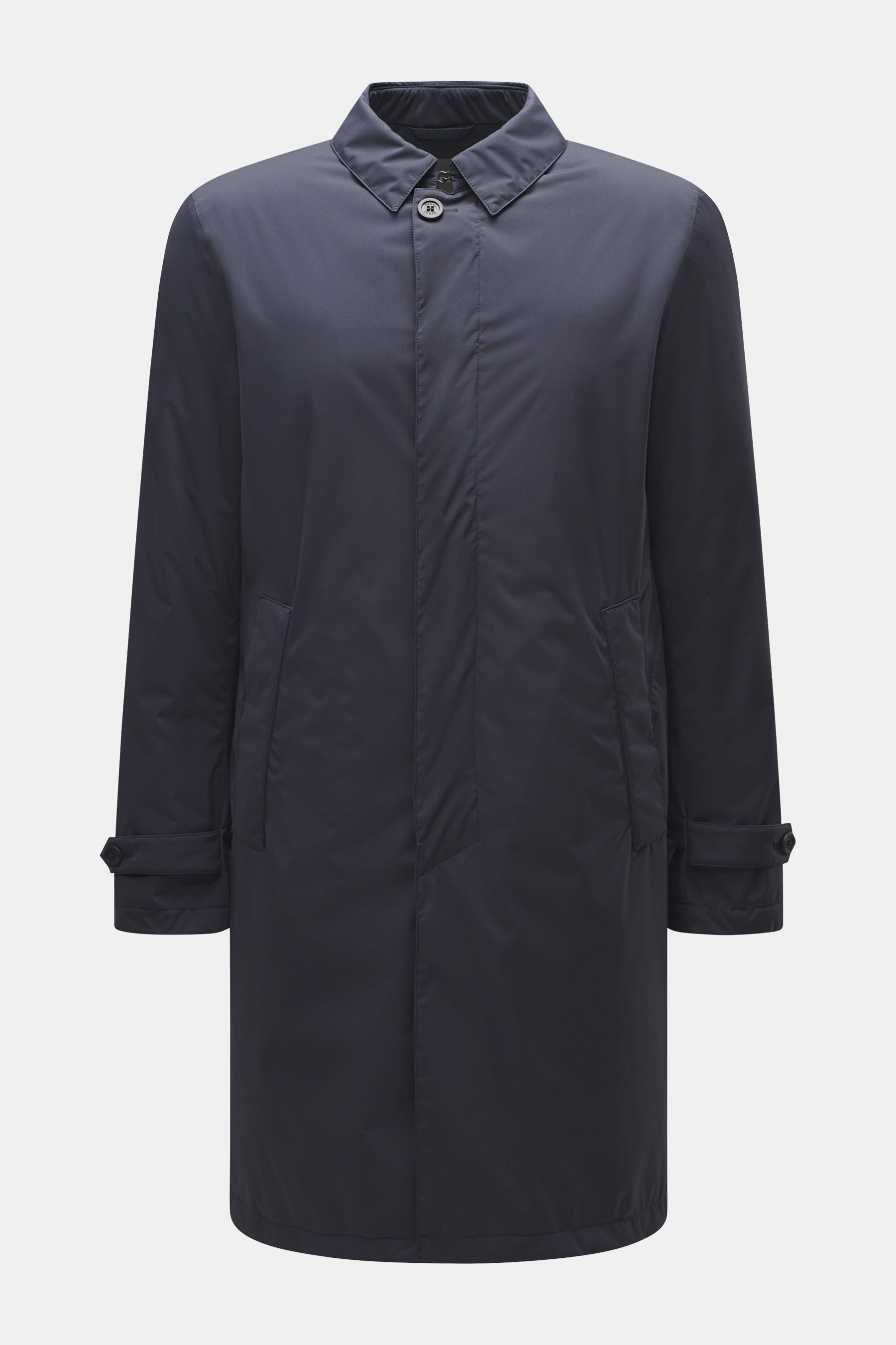 Front view of Herno Down short coat dark blue made of high-quality microfiber with smooth feel, wind- and water-repellent, light down filling, regular fit, concealed button placket, turn-down collar with strap, slanted hip pockets with snap button, quilte