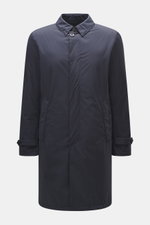 Front view of Herno Down short coat dark blue made of high-quality microfiber with smooth feel, wind- and water-repellent, light down filling, regular fit, concealed button placket, turn-down collar with strap, slanted hip pockets with snap button, quilte