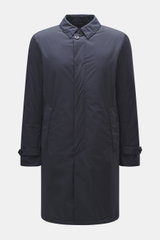 Front view of Herno Down short coat dark blue made of high-quality microfiber with smooth feel, wind- and water-repellent, light down filling, regular fit, concealed button placket, turn-down collar with strap, slanted hip pockets with snap button, quilte