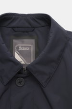Close-up front view of Herno Down short coat dark blue featuring high-quality microfiber, smooth feel, wind- and water-repellent, light down filling, regular fit, concealed button placket, turn-down collar with strap, slanted hip pockets with snap button,
