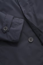 Close-up front view of Herno Down short coat dark blue, showing concealed button placket, turn-down collar with strap, and cuff with button, made of high-quality microfiber with smooth feel, wind- and water-repellent, light down filling, regular fit, slan