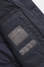Close-up inside view of Herno Down short coat dark blue showing high-quality microfiber, smooth feel, quilted lining fabric, and one inside pocket.