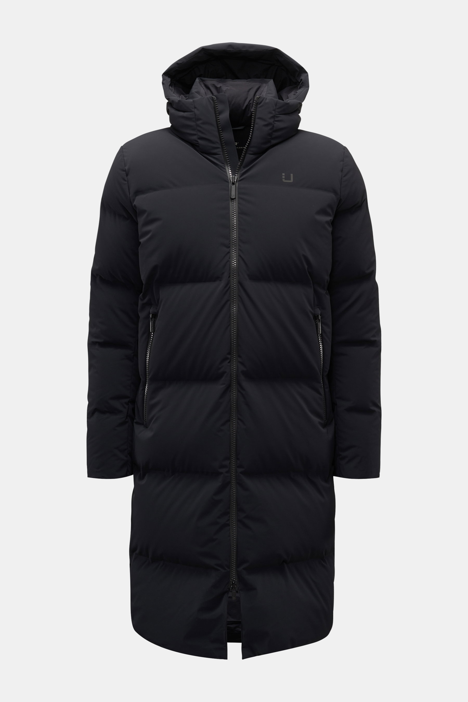 Front view of UBR Down coat 'Tycoon' black, a waterproof, extra warm, ultra-light technical microfiber down coat with stretch, hip zip pockets, high collar with hood, robust two-way zip, subtle reflective logo, and four inside pockets. With the 'Tycoon' d