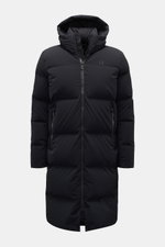 Front view of UBR Down coat 'Tycoon' black, a waterproof, extra warm, ultra-light technical microfiber down coat with stretch, hip zip pockets, high collar with hood, robust two-way zip, subtle reflective logo, and four inside pockets. With the 'Tycoon' d
