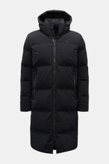 Front view of UBR Down coat 'Tycoon' black, a waterproof, extra warm, ultra-light technical microfiber down coat with stretch, hip zip pockets, high collar with hood, robust two-way zip, subtle reflective logo, and four inside pockets. With the 'Tycoon' d