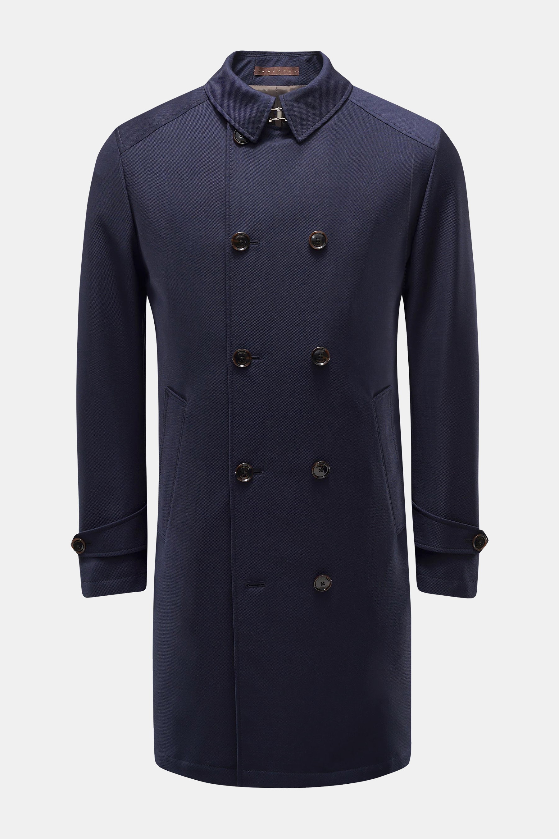 Windsor Short coat 'Pogno' navy shown from the front, double-breasted, virgin wool blend, turn-down collar with leather trim, diagonal pockets. Classic elegance down to the tiniest detail: The lightly textured material, made of virgin wool and microfibre,