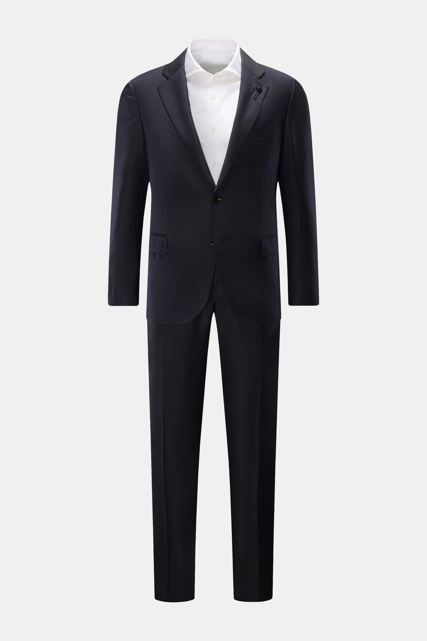 Lardini Anzug dark navy aus reiner Schurwolle, Slim Fit Sakko mit fallendem Revers und tailliertem Zwei-Knopf-Stil, frontal fotografiert.