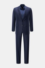 Belvest Anzug dunkelblau/schwarz kariert, Slim Fit, Glencheck aus reiner Wolle, tailliertes Sakko mit fallendem Revers, gerade Hose, Frontansicht.