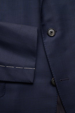 Belvest Anzug dunkelblau/schwarz kariert in Slim Fit, Glencheck-Muster, Nahaufnahme von Ärmel und Knöpfen aus reiner Wolle.