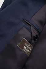 Belvest Anzug dunkelblau/schwarz kariert, Detailansicht Innenfutter mit Glencheck-Muster, reine Wolle, Slim Fit, hochwertige Verarbeitung.