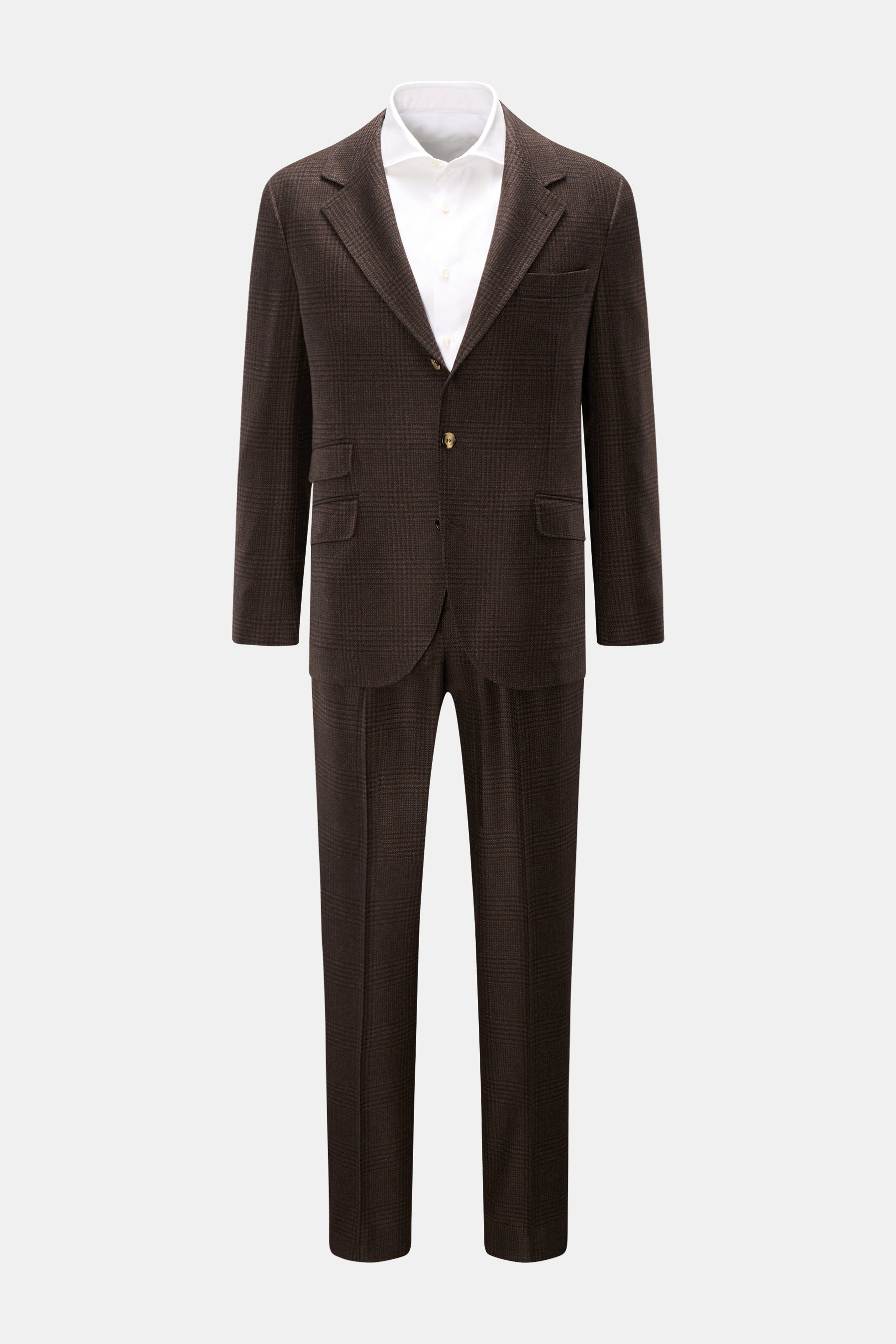 Brunello Cucinelli Anzug schwarz/braun kariert, frontal fotografiert, Slim Fit Sakko mit Glencheck, Leisure Fit Hose, Wolle, Cashmere, Seide.