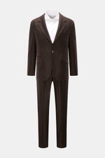 Brunello Cucinelli Suit black/brown checked shown from the front, featuring a slim-fit, unconstructed jacket and leisure-fit tapered trousers. This suit by BRUNELLO CUCINELLI is what happens when Italian elegance meets luxurious handcraftsmanship. The unc