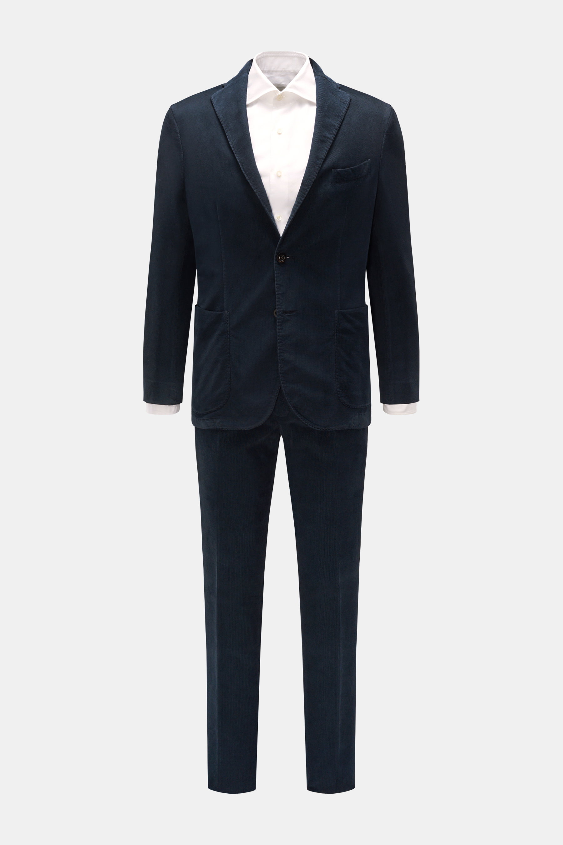 Boglioli Cord Anzug 'K. Jacket' navy in Frontansicht, Slim Fit Sakko mit zwei Knöpfen, tailliert, Baumwoll-Mix mit samtigem Griff, Regular Fit Hose.