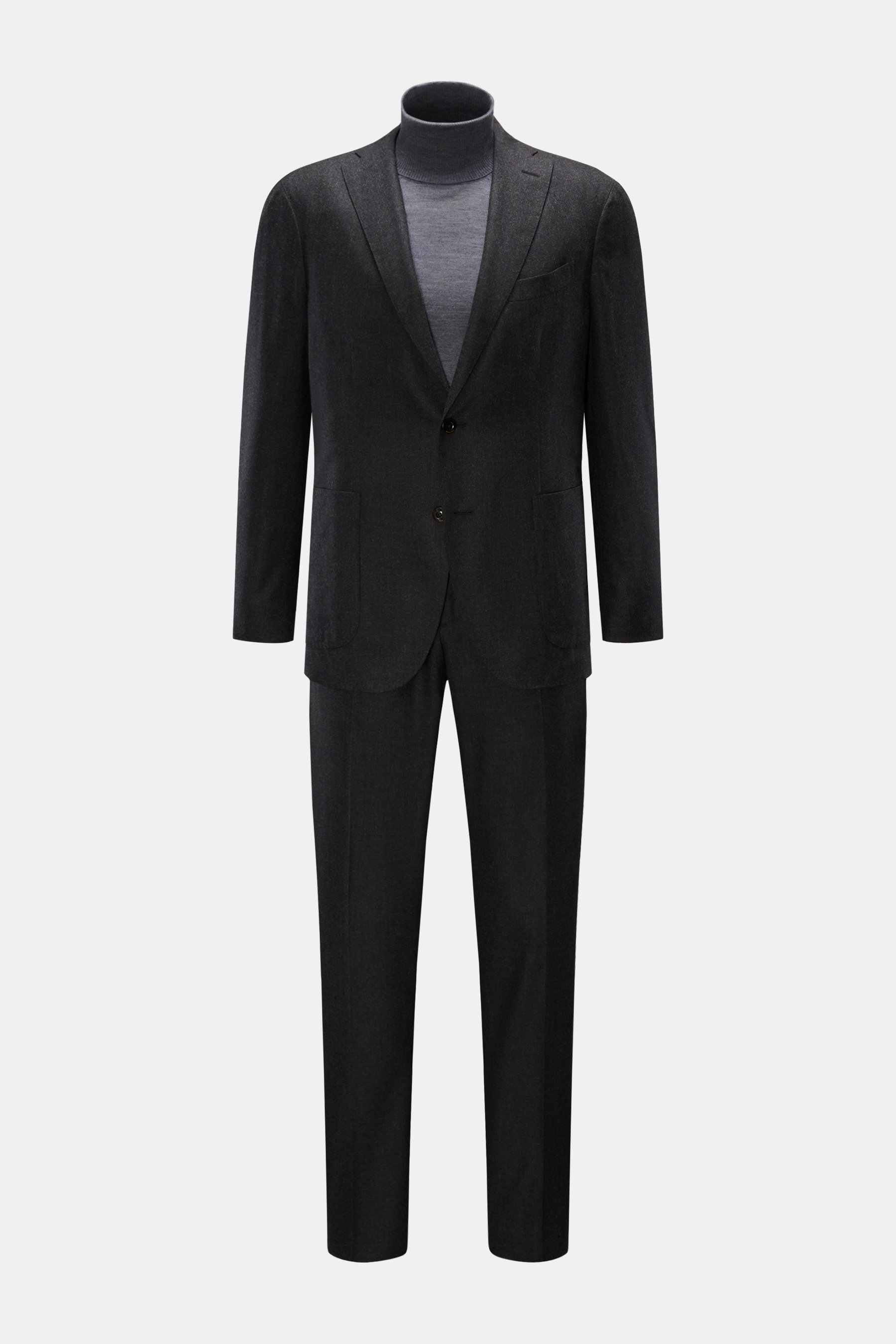 Boglioli Anzug 'K. Jacket' anthrazit, Slim Fit aus feiner Wolle, frontale Produktansicht mit tailliertem Zwei-Knopf-Sakko und schmal zulaufender Hose.