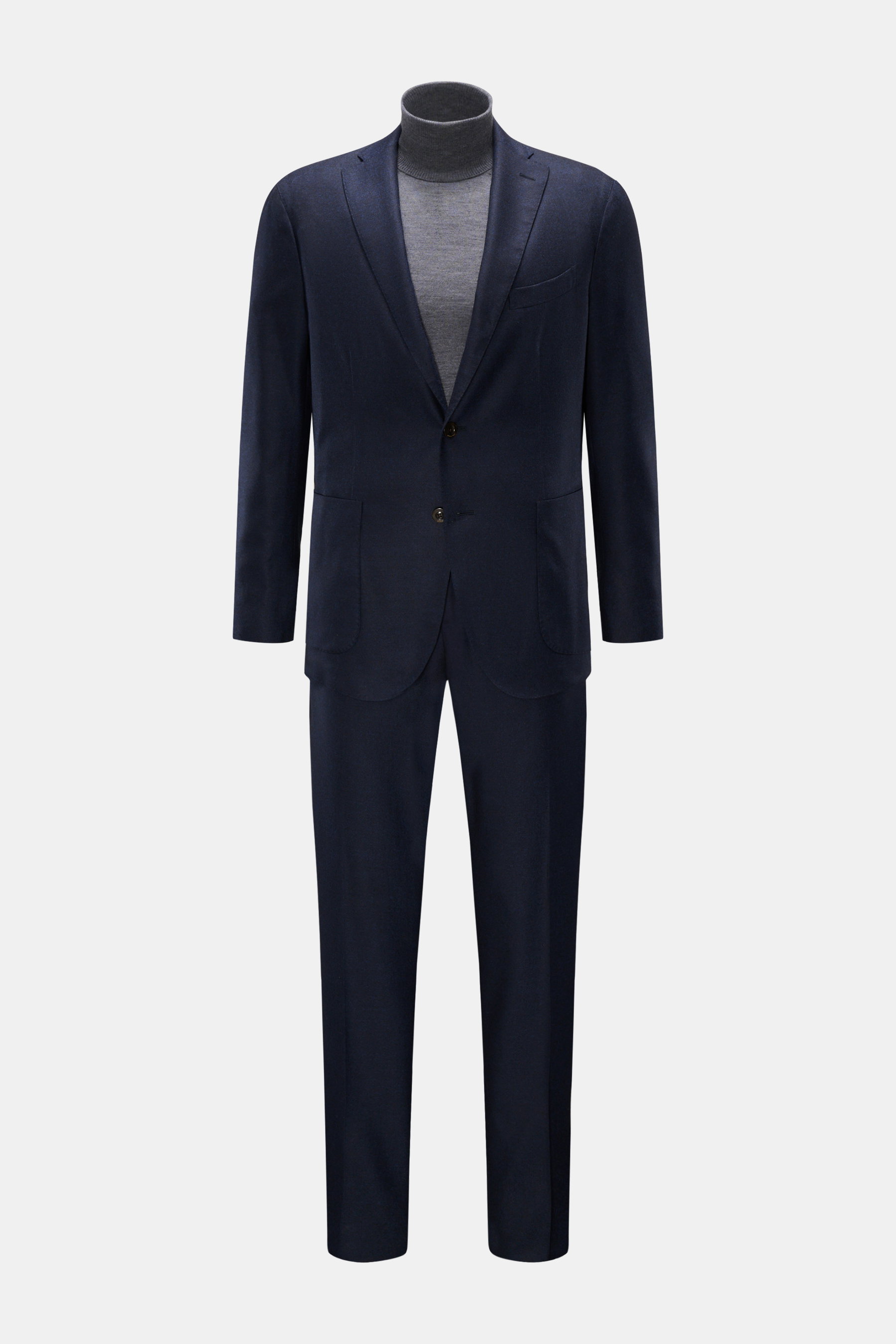 Boglioli Anzug 'K. Jacket' navy, frontale Ansicht, legerer Slim Fit aus reiner Wolle, tailliertes Sakko mit Zwei-Knopf-Stil, fallendem Revers, Brust- und aufgesetzten Hüfttaschen, Rückenschlitzen, gefütterten Ärmeln, regulär schmal zulaufende Hose mit fra