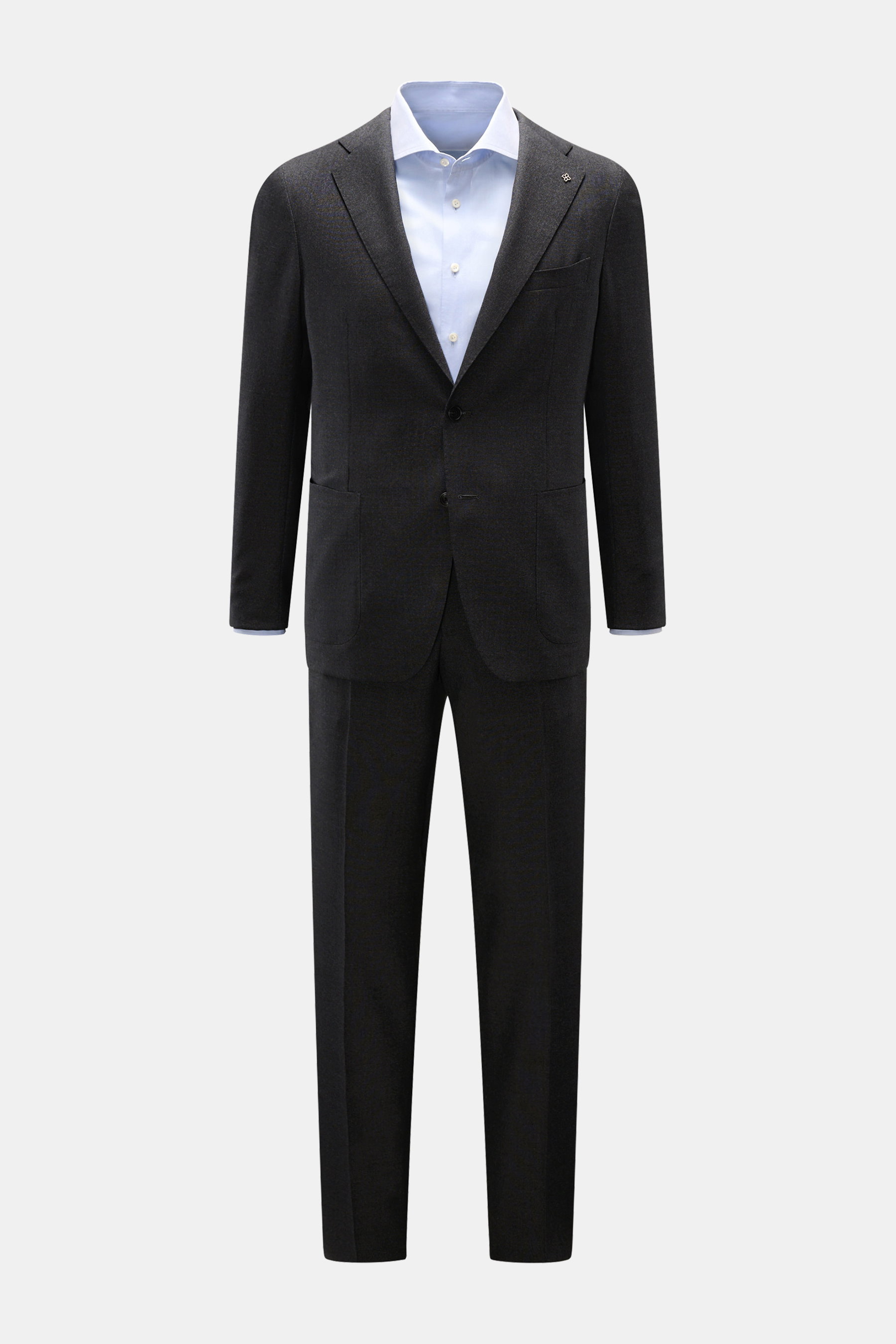 Tagliatore Anzug 'Vesuvio' anthrazit meliert, Slim Fit Zweiteiler aus reiner Schurwolle, frontal mit hellblauem Hemd, tailliertes Sakko, schlanke Hose.