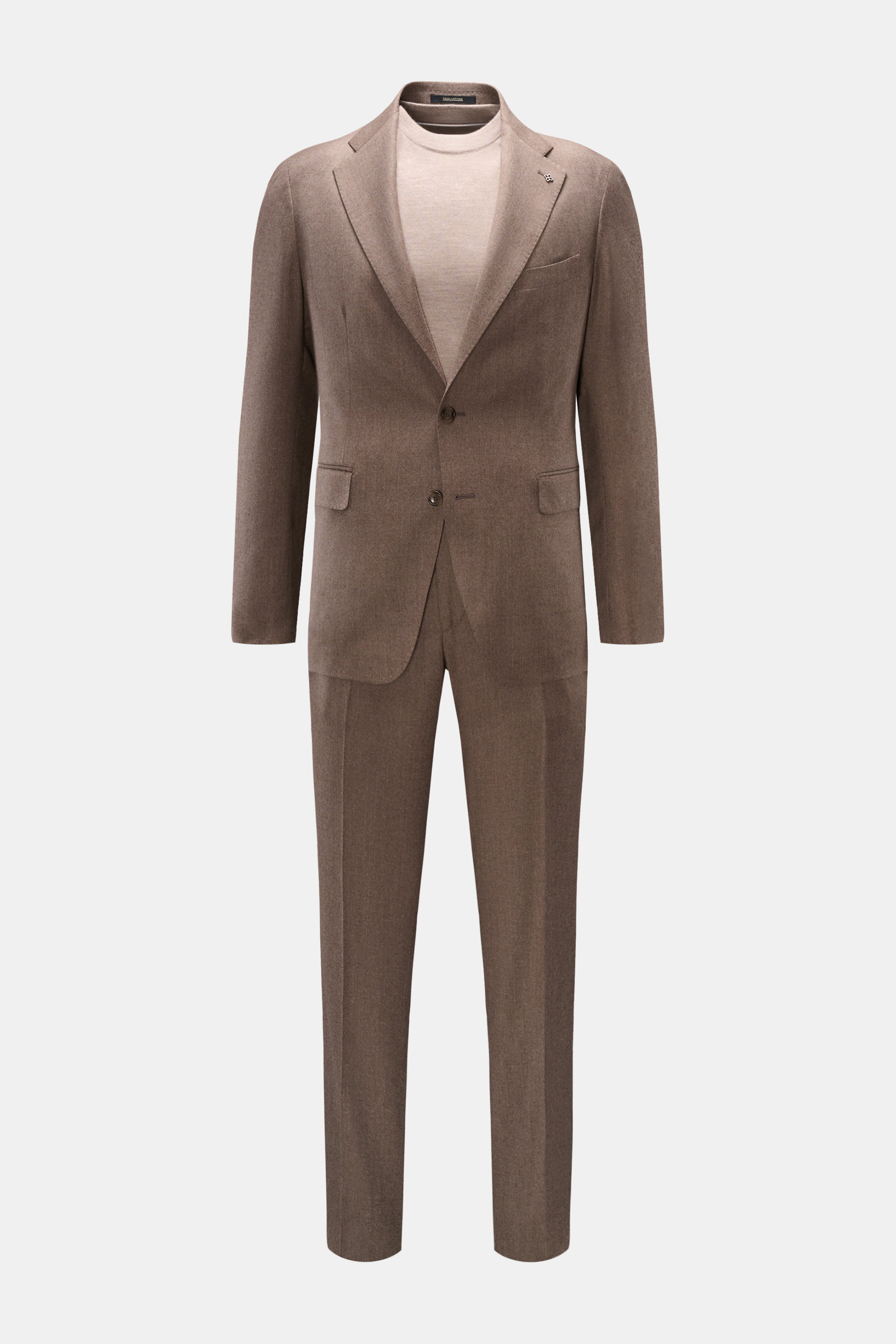 Tagliatore Anzug 'Vesuvio' graubraun meliert, frontal fotografiert, Slim Fit Zweiteiler aus Schurwolle-Seide-Mix, tailliertes Sakko mit Revers und Hose mit Uhrentasche.