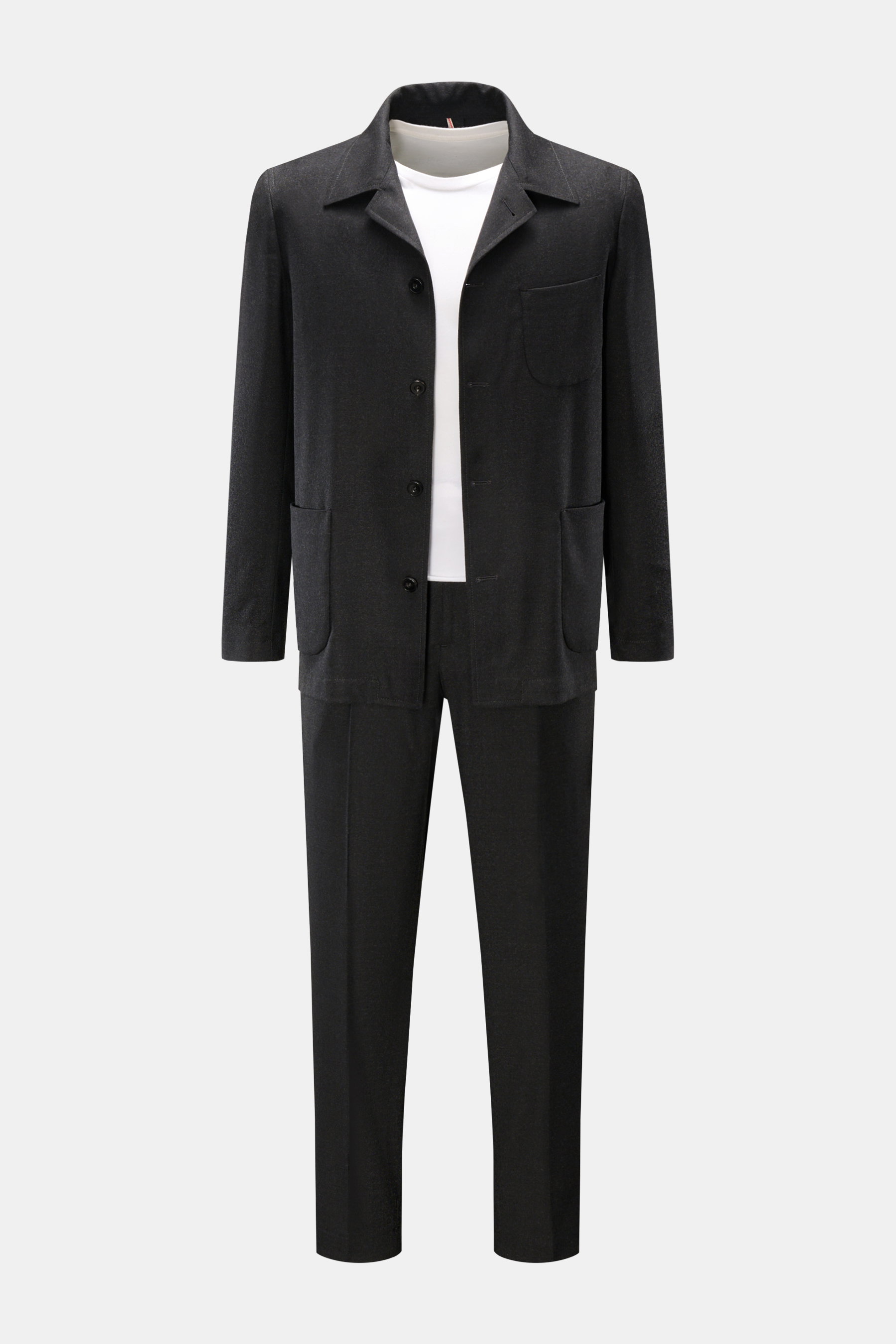 Santaniello Anzug dunkelgrau meliert, frontale Ansicht, legeres Overshirt-Sakko mit Knöpfen, Brust- und Taschen, schmal zulaufende Hose, Regular Fit.