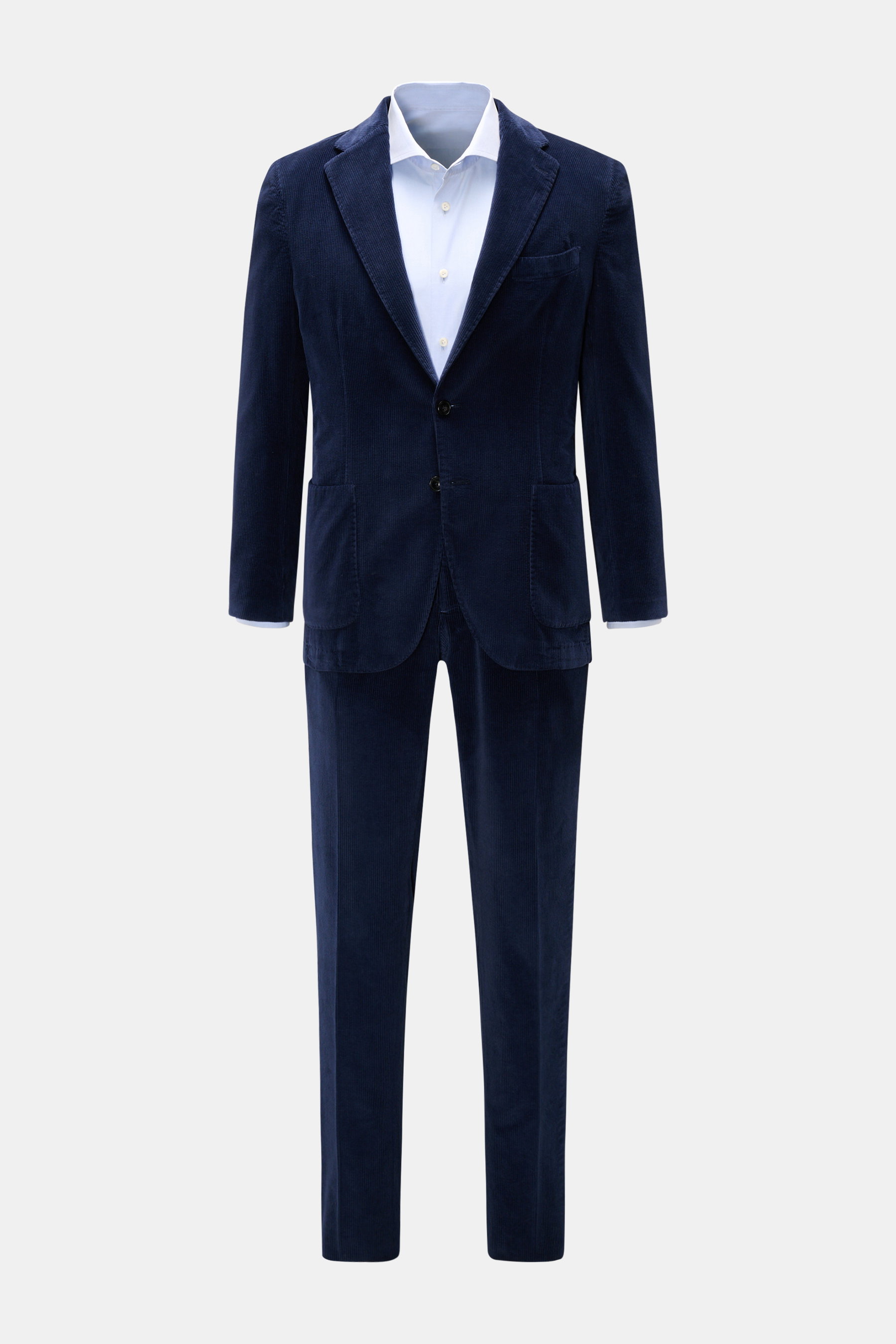 Santaniello Cord Anzug navy, frontale Ansicht, Slim Fit Cord Sakko mit Zwei-Knopf-Stil, Hose schmal zulaufend, Baumwolle mit Cashmere.