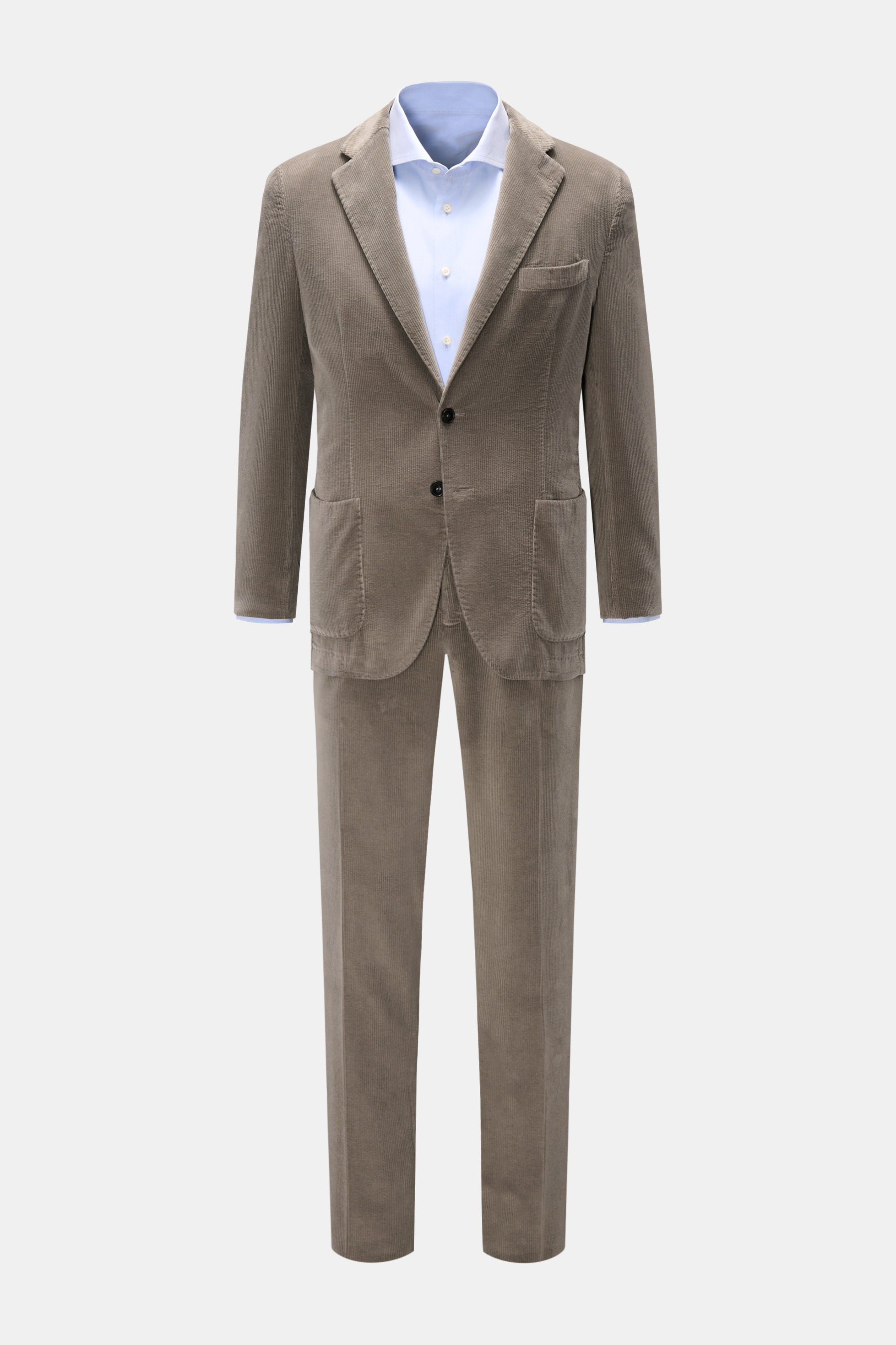 Santaniello Cord Anzug grau aus Baumwolle und Cashmere, Slim Fit, frontal fotografiert mit tailliertem Sakko und schmal zulaufender Hose.