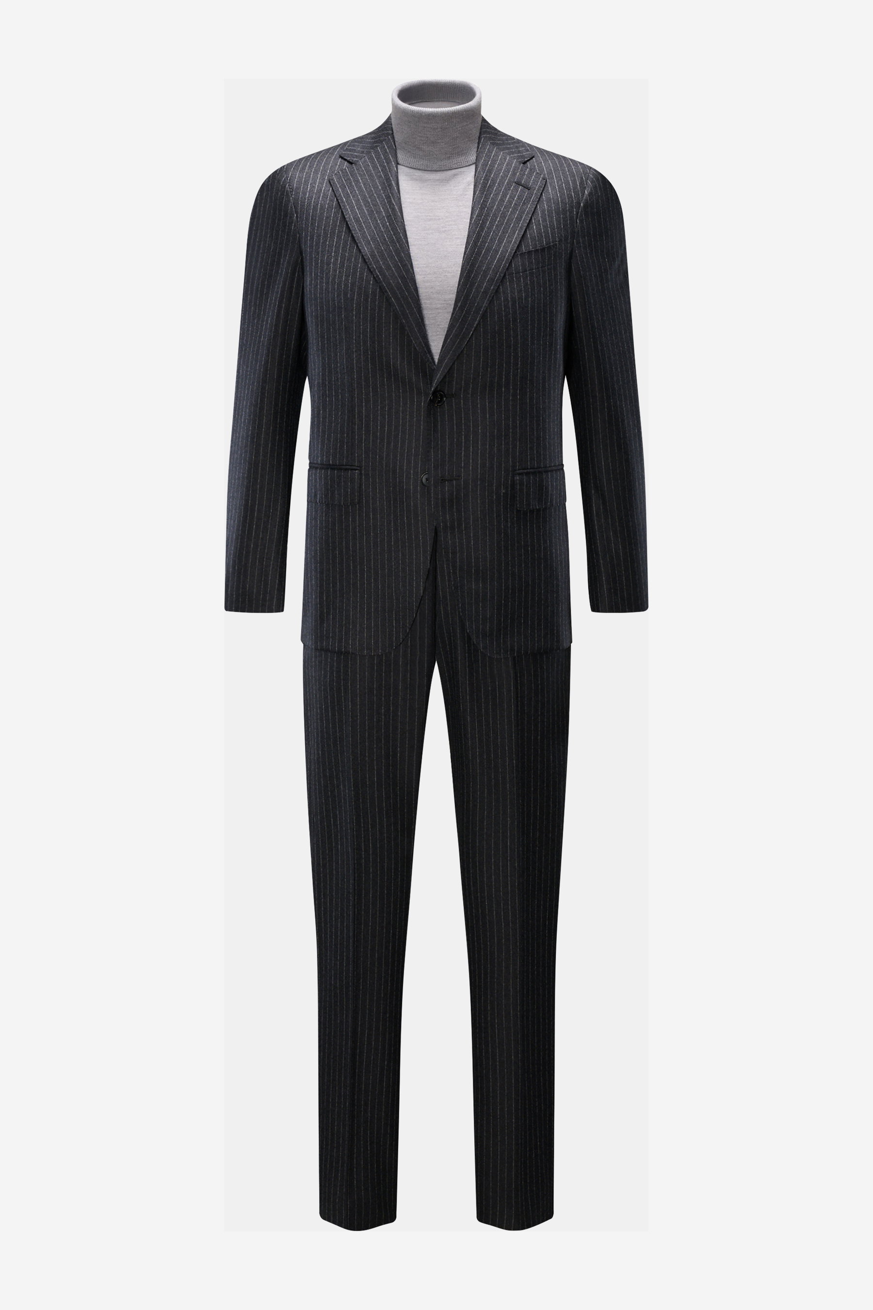Caruso Anzug 'Aida' anthrazit/grau gestreift aus reiner Wolle mit feinen Nadelstreifen, Slim Fit, frontal fotografiert mit tailliertem Sakko.