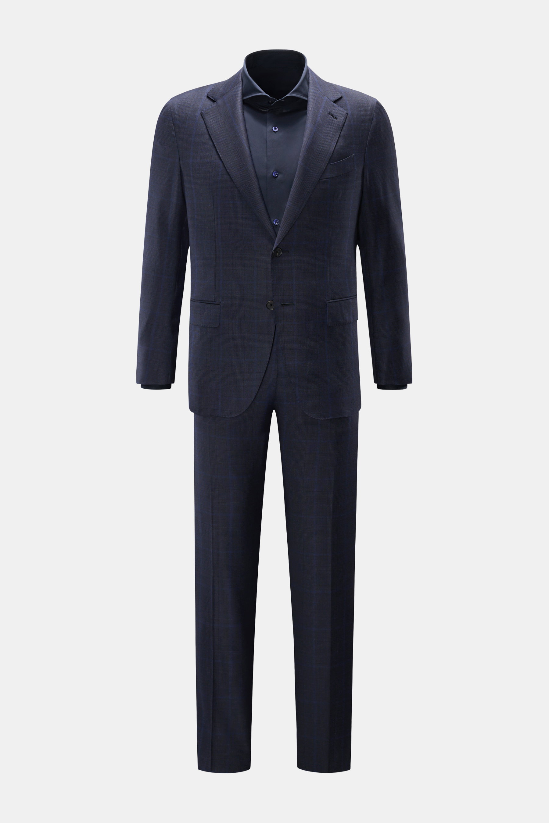 Caruso Anzug 'Aida' navy/dark navy/blau kariert, Slim Fit, Glencheck, aus reiner Schurwolle, frontale Ansicht mit tailliertem Sakko und regulärer Hose.