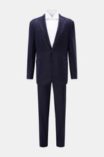 Front view of Stile Latino Anzug 'Vincenzo' navy suit jacket and trousers in soft fine wool twill, slim fit with button-fly pants and three-button blazer.